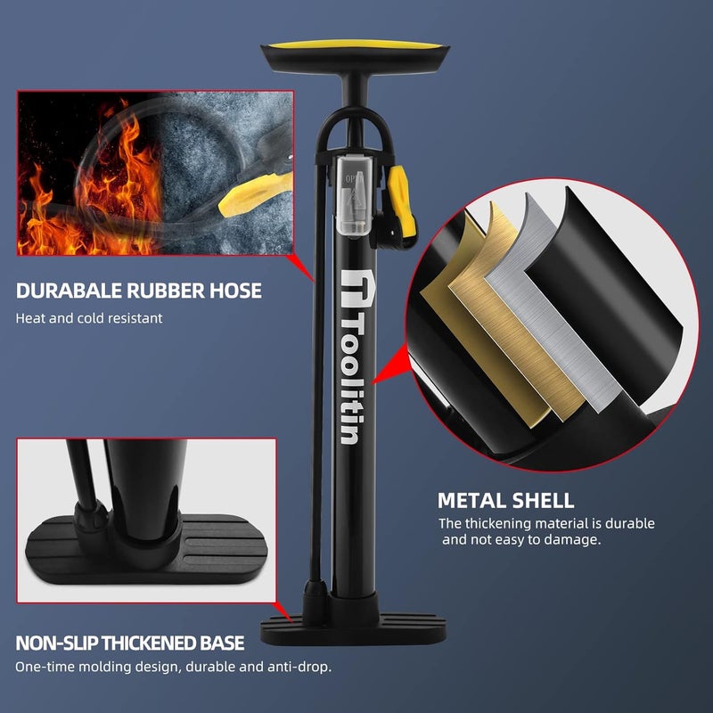 TOOLITIN Bike Pump Portable Floor Bicycle Tires Air Pumps with Presta and Schrader,Multifunctional Ball Needle, for Mountain and Road Bikes Tires, Ball Pump - Image 1